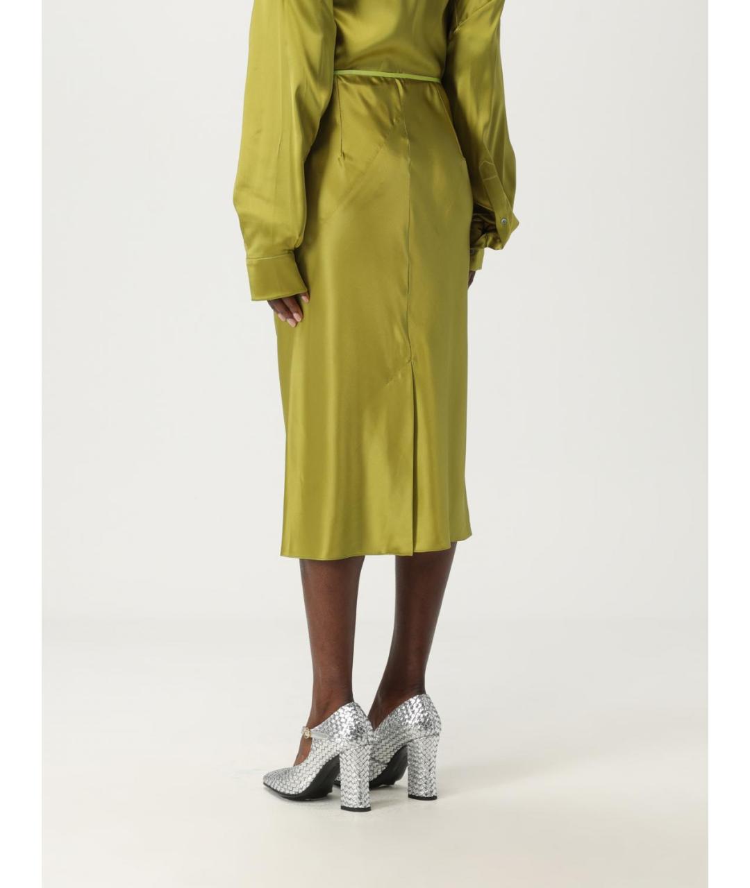 DRIES VAN NOTEN Салатовая шелковая юбка миди, фото 4