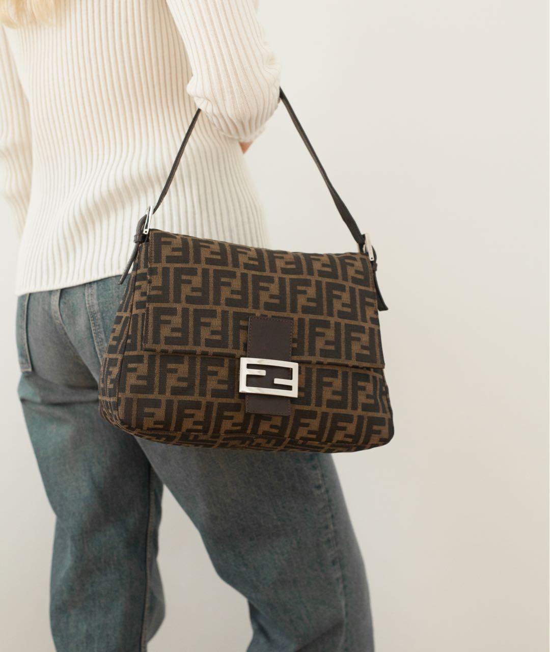 FENDI Коричневая тканевая сумка с короткими ручками, фото 2