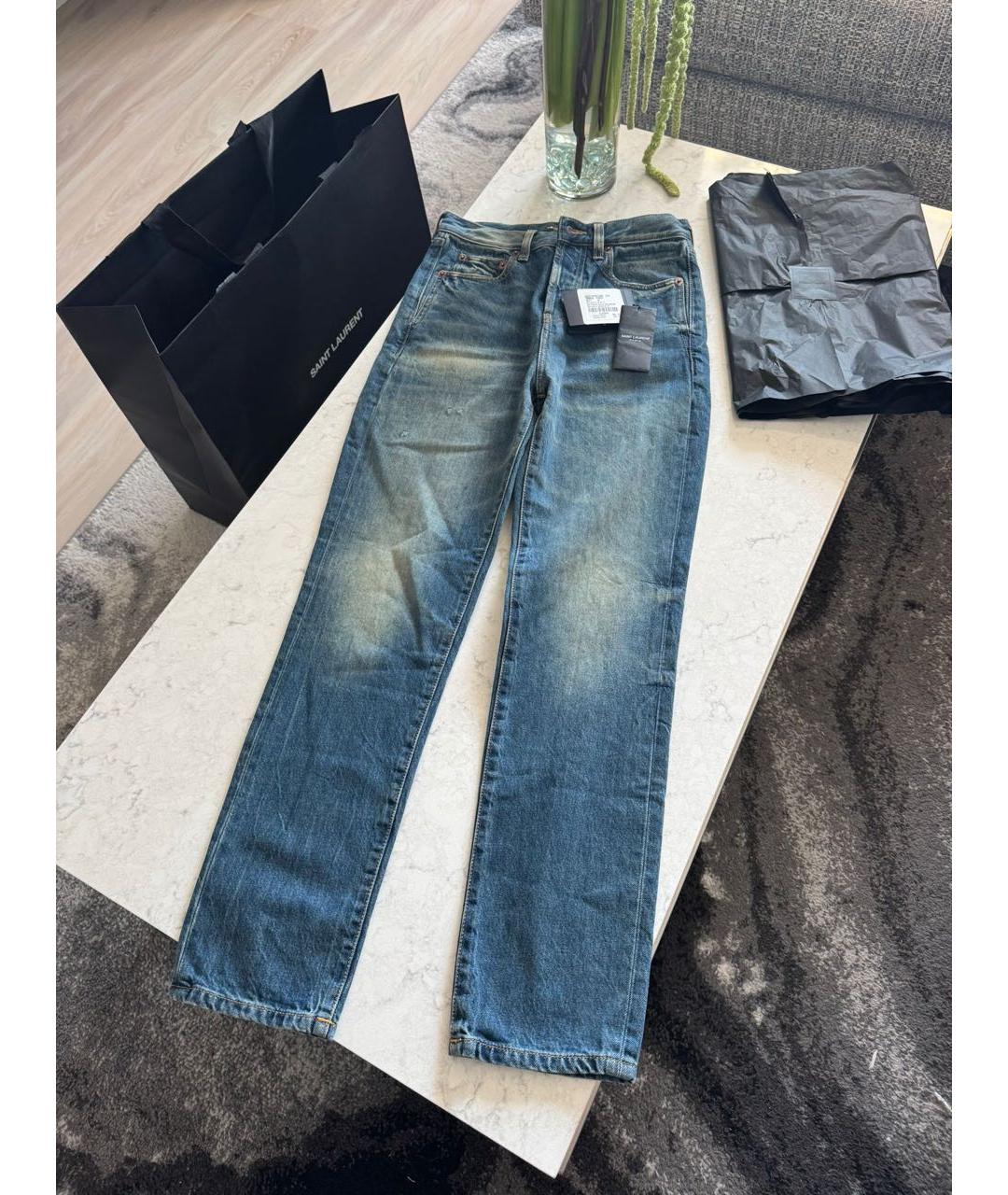 SAINT LAURENT Голубые хлопковые прямые джинсы, фото 5
