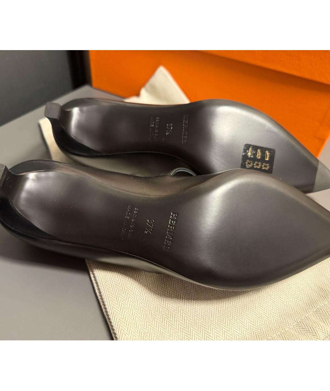 HERMES Черные кожаные лодочки на низком каблуке, фото 4