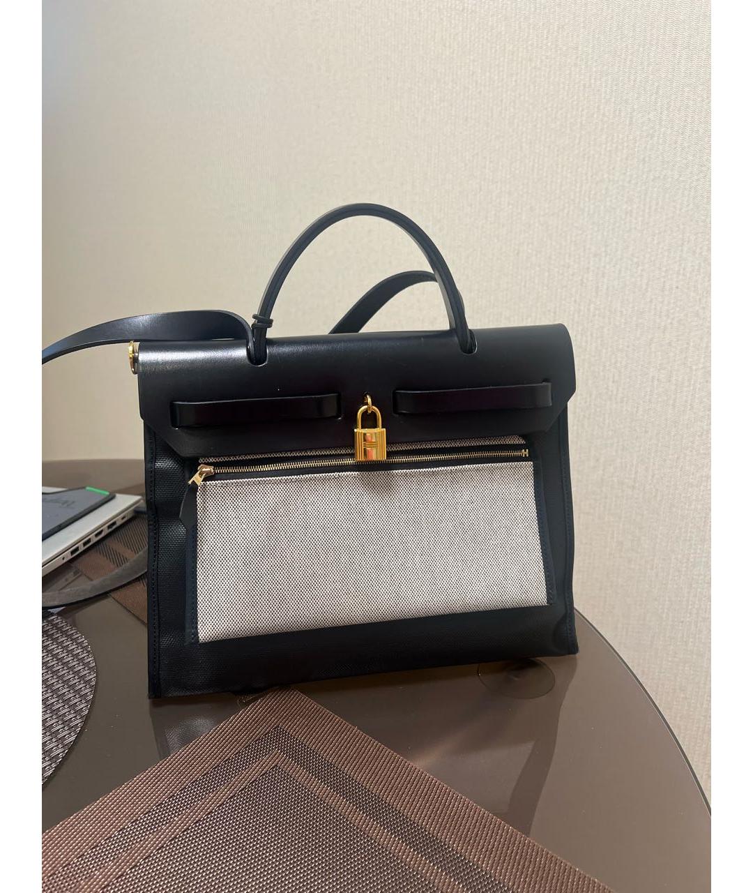 HERMES Черная кожаная сумка тоут, фото 3