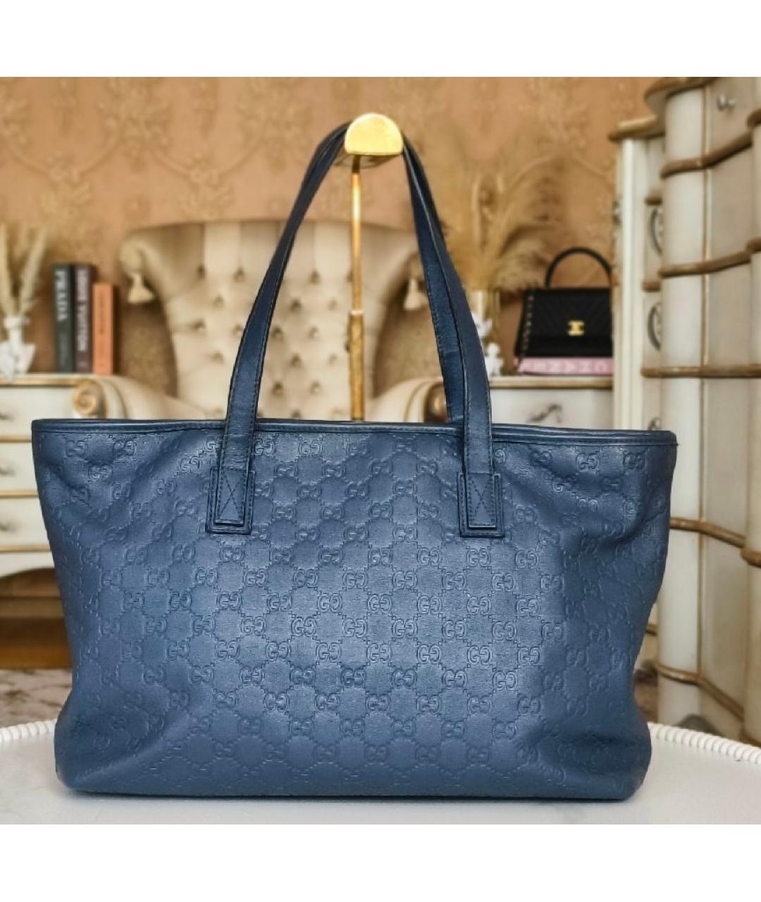 GUCCI Темно-синяя кожаная сумка тоут, фото 3