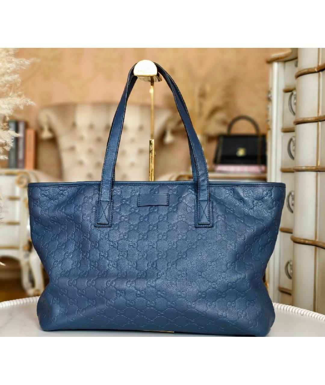 GUCCI Темно-синяя кожаная сумка тоут, фото 2