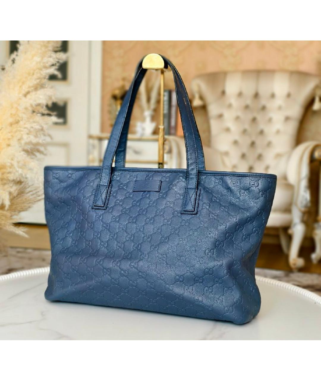 GUCCI Темно-синяя кожаная сумка тоут, фото 8