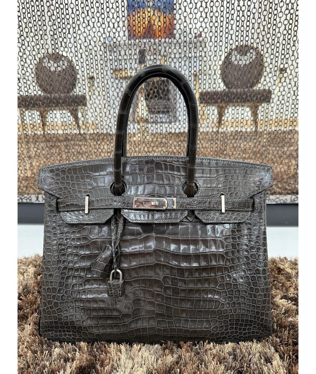 HERMES Коричневая сумка с короткими ручками из экзотической кожи, фото 9