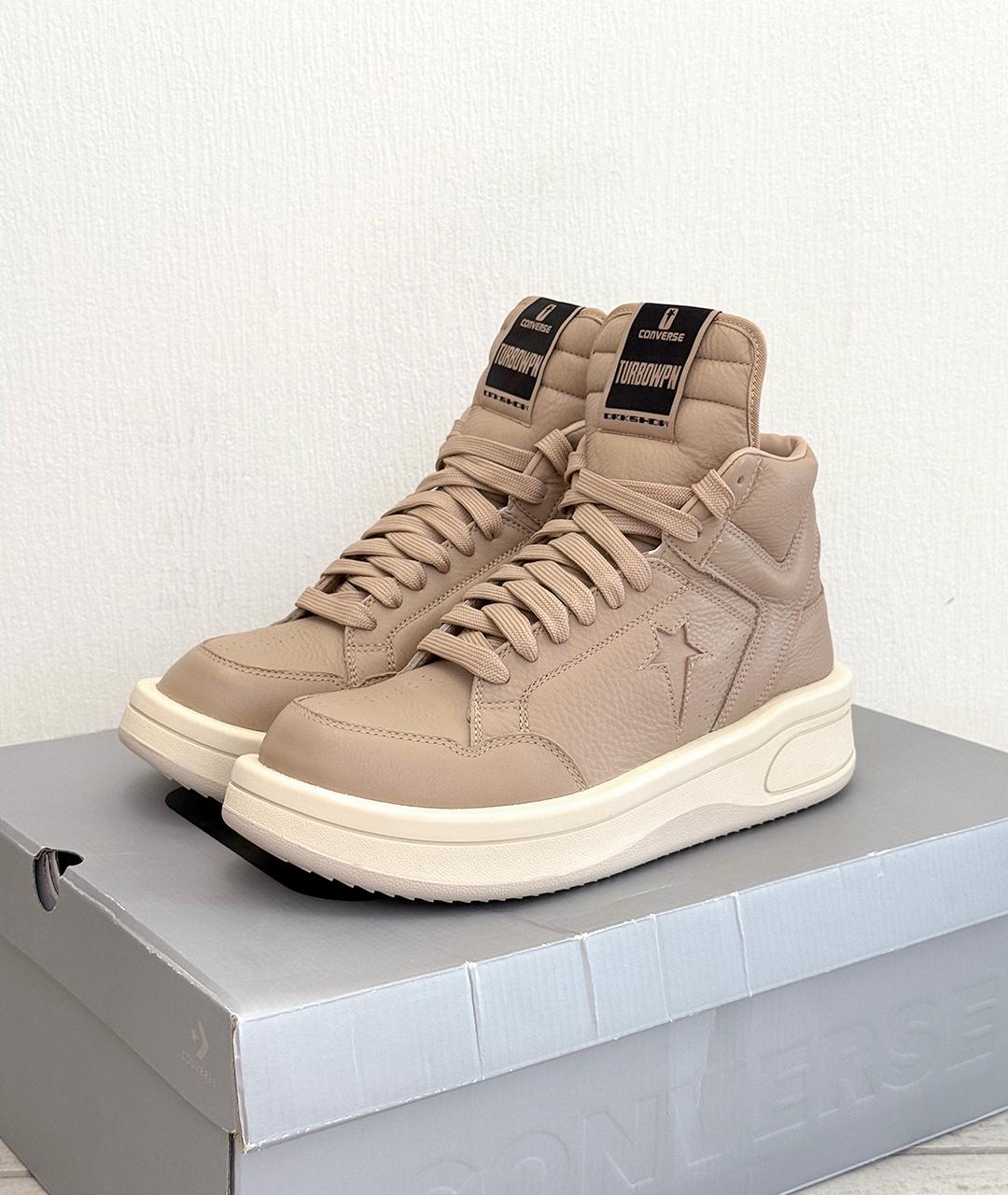 RICK OWENS Бежевые кожаные высокие кроссовки / кеды, фото 2