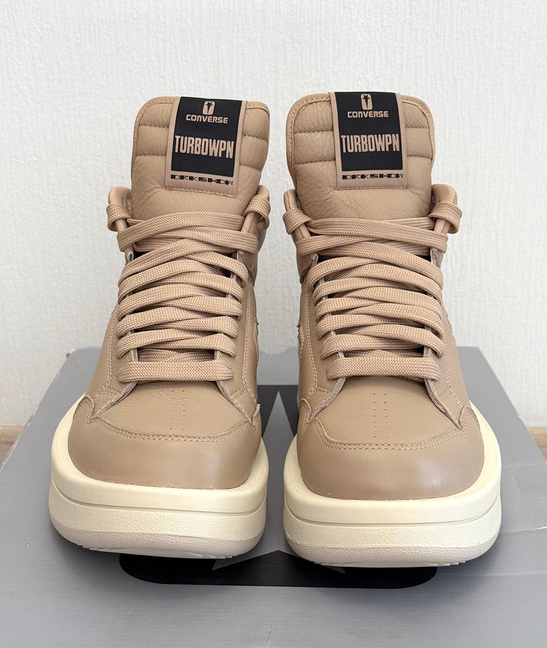 RICK OWENS Бежевые кожаные высокие кроссовки / кеды, фото 4