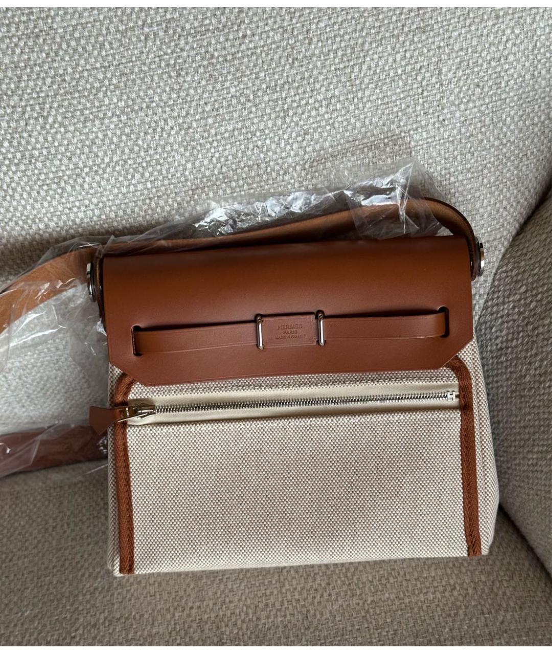 HERMES Бежевая тканевая сумка через плечо, фото 3