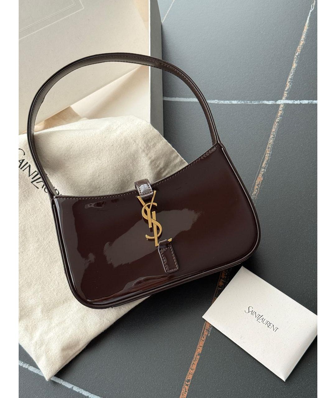 SAINT LAURENT Коричневая кожаная сумка с короткими ручками, фото 2