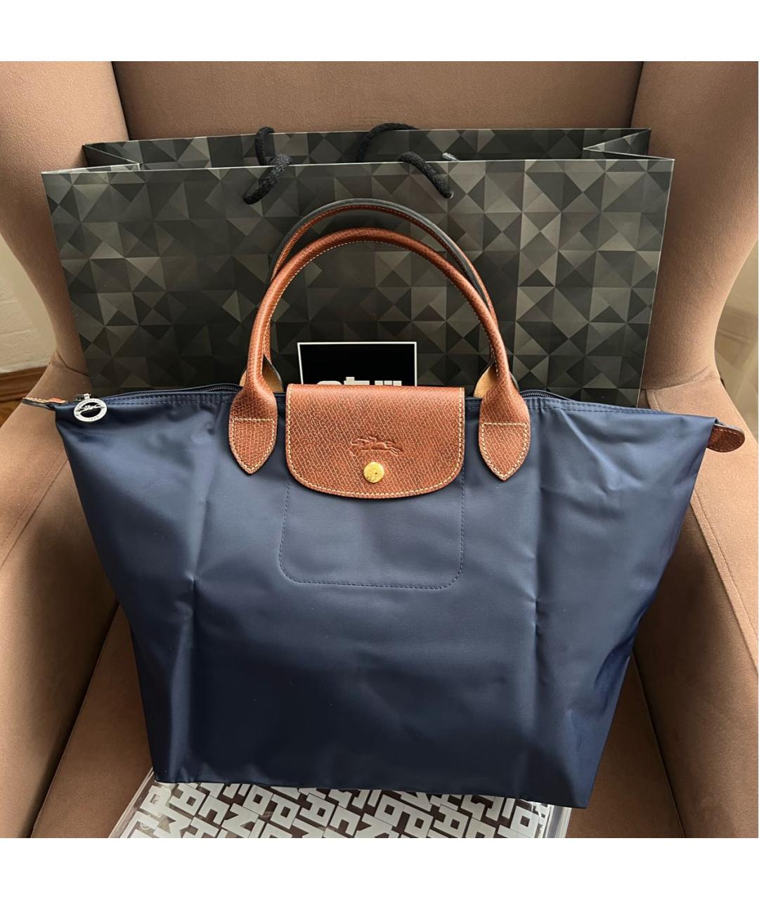 LONGCHAMP Темно-синяя кожаная сумка с короткими ручками, фото 7