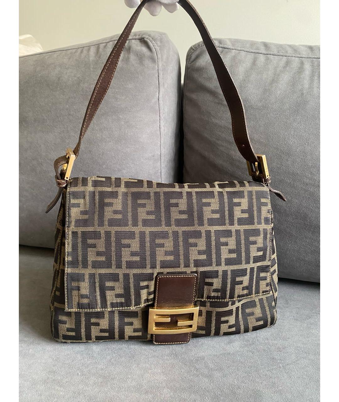 FENDI Коричневая тканевая сумка с короткими ручками, фото 2