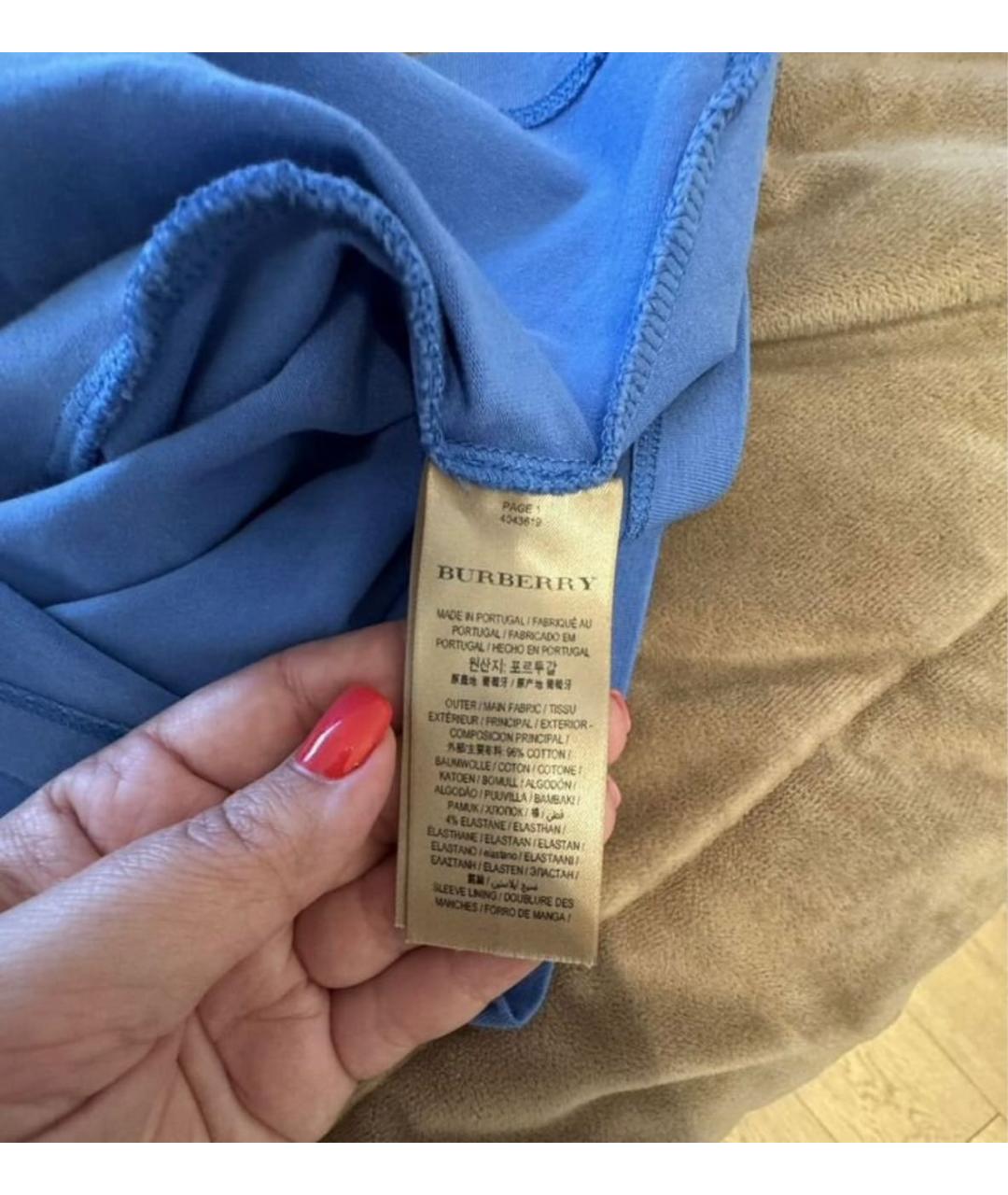 BURBERRY Голубая хлопко-эластановая футболка, фото 5