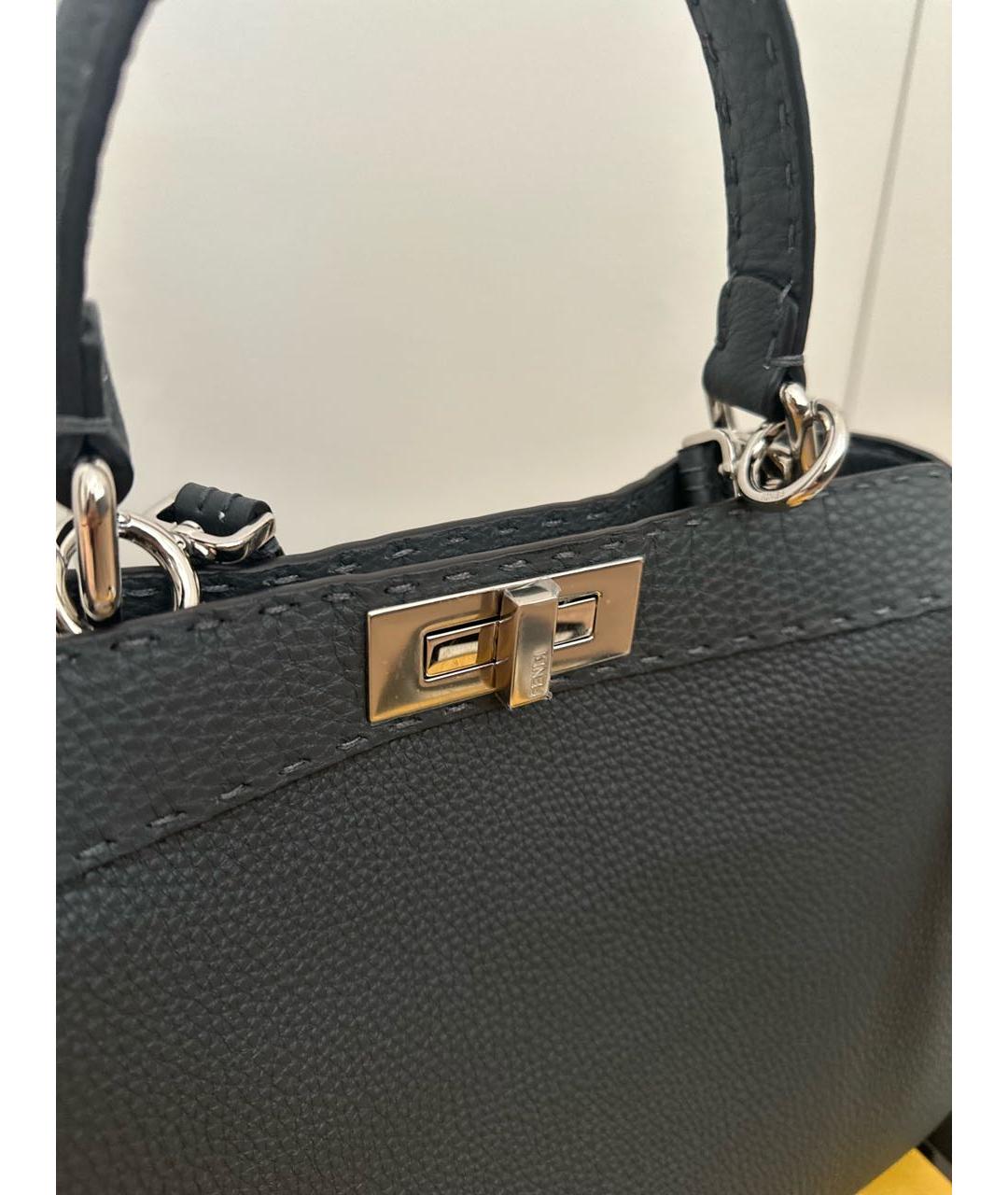 FENDI Антрацитовая кожаная сумка с короткими ручками, фото 6