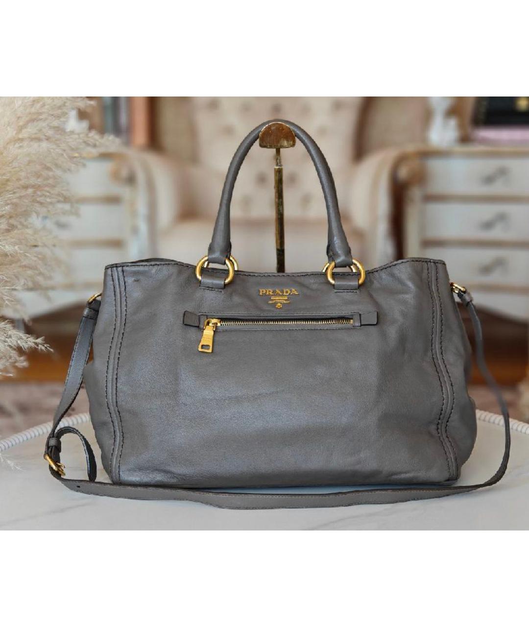 PRADA Серая кожаная сумка тоут, фото 9