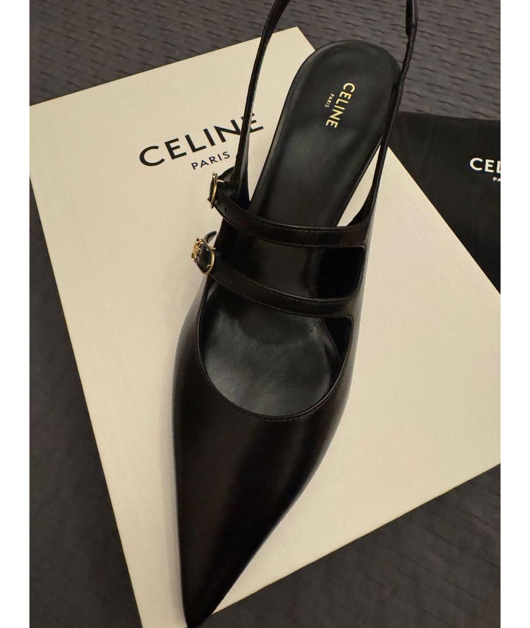 CELINE Черные кожаные лодочки на низком каблуке, фото 3