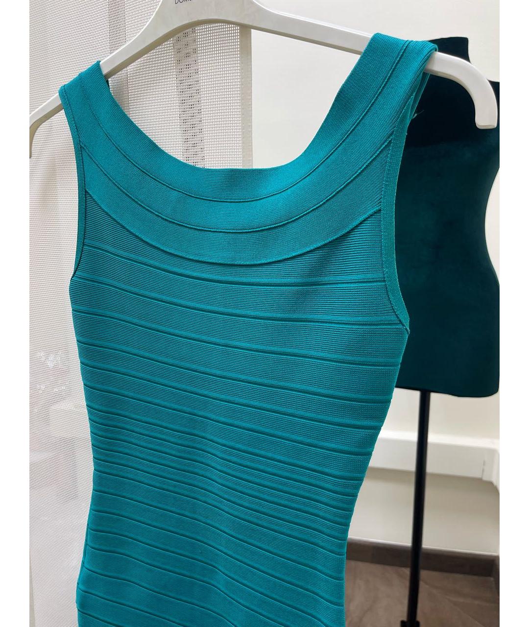 HERVE LEGER Бирюзовое хлопковое коктейльное платье, фото 7