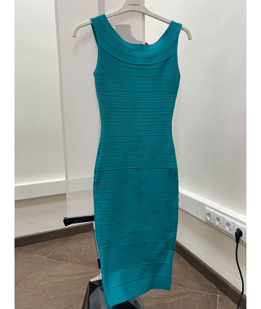 HERVE LEGER Бирюзовое хлопковое коктейльное платье, фото 5