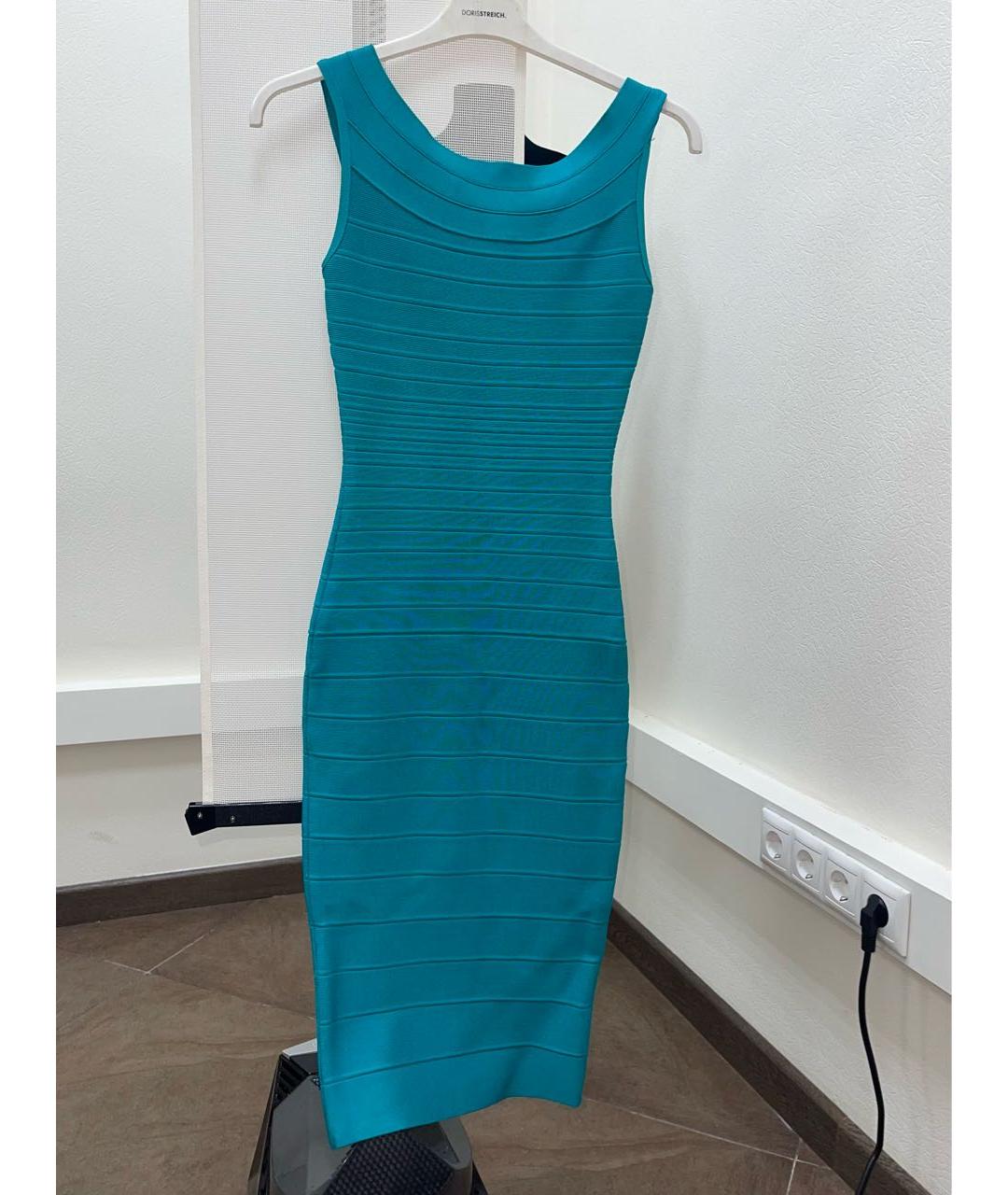 HERVE LEGER Бирюзовое хлопковое коктейльное платье, фото 9
