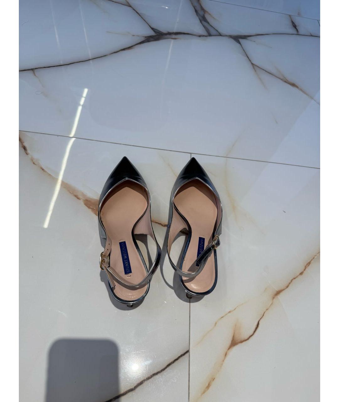 STUART WEITZMAN Серебряные кожаные лодочки на низком каблуке, фото 3
