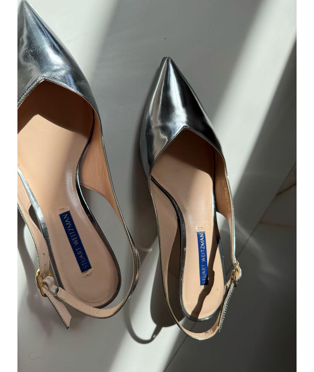 STUART WEITZMAN Серебряные кожаные лодочки на низком каблуке, фото 7