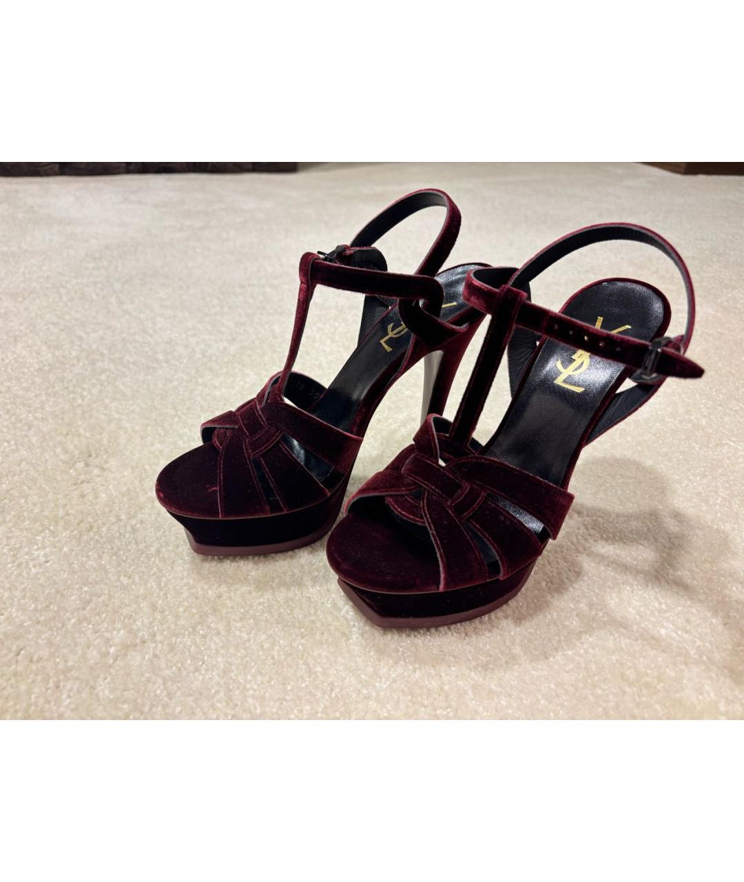SAINT LAURENT Бордовые бархатные туфли, фото 6