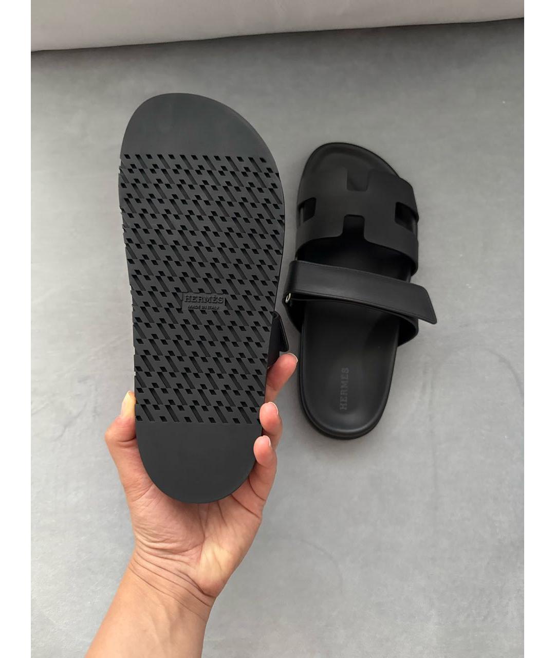 HERMES Черные кожаные шлепанцы, фото 6