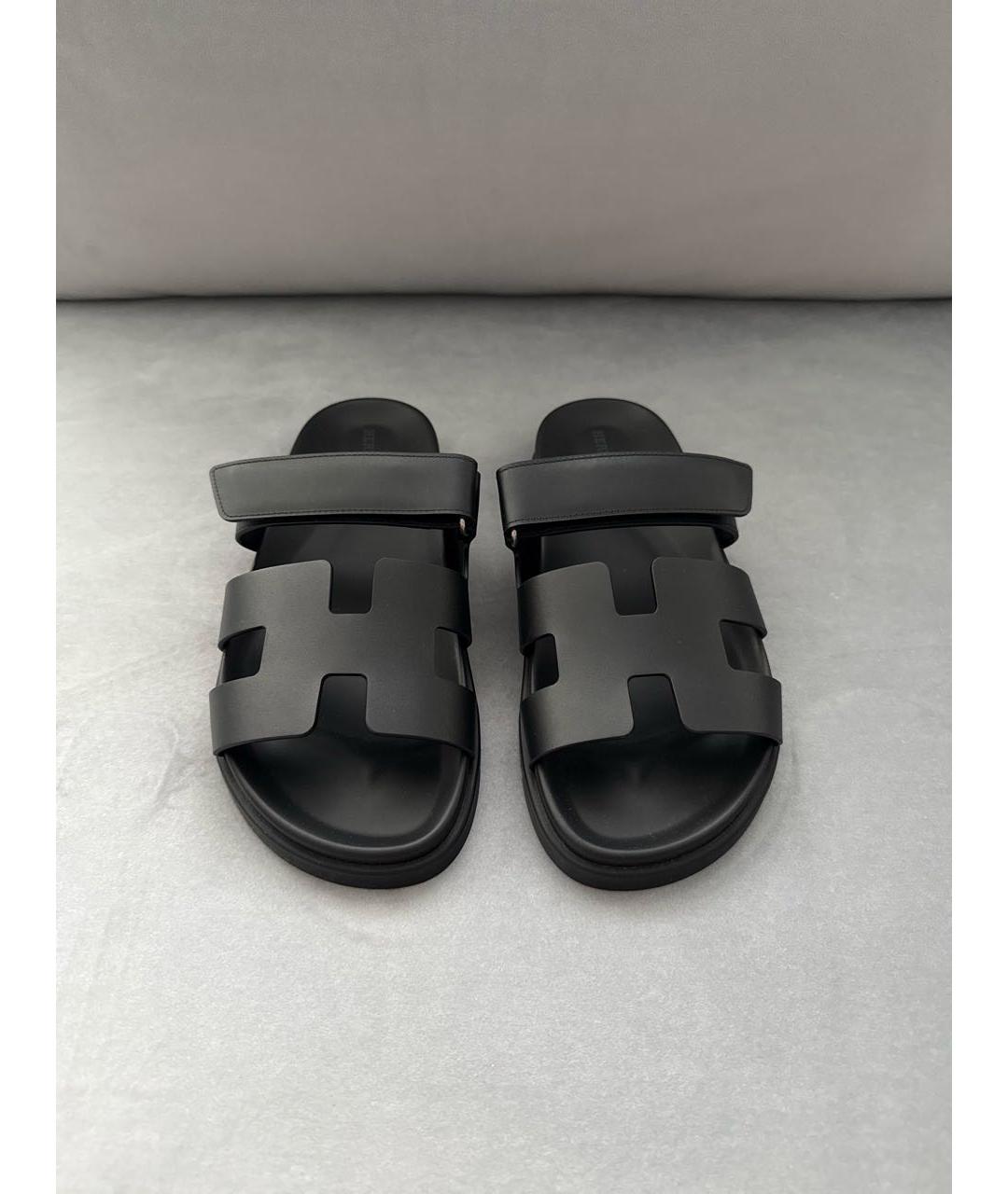 HERMES Черные кожаные шлепанцы, фото 3