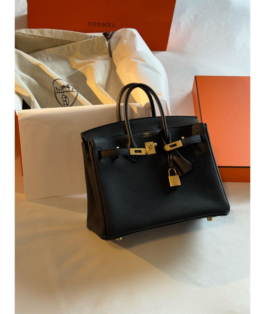 HERMES Черная кожаная сумка тоут, фото 7