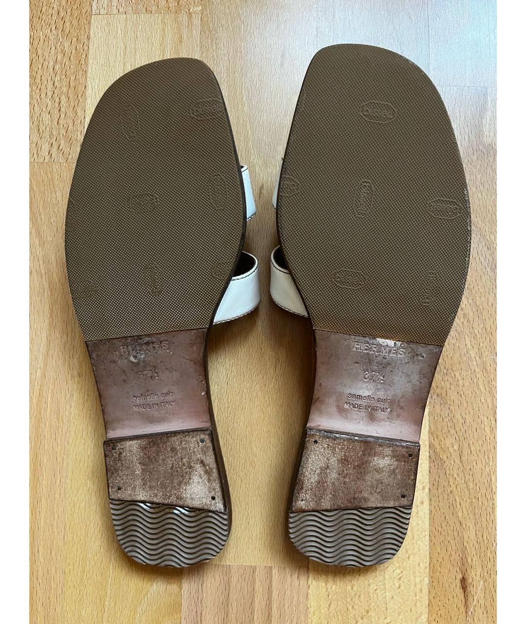 HERMES Белые кожаные шлепанцы, фото 5