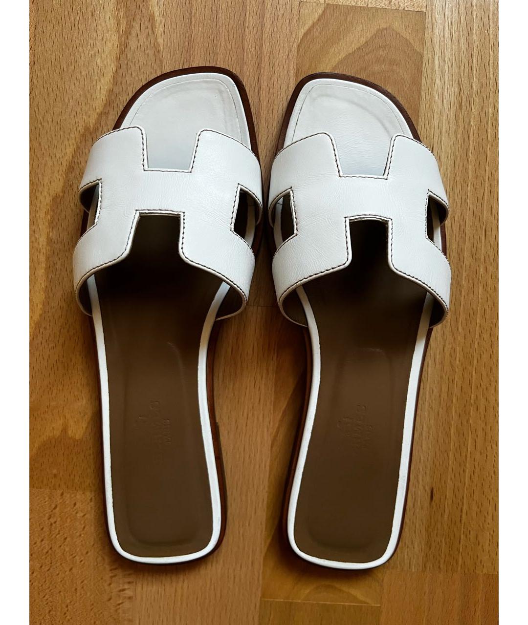 HERMES Белые кожаные шлепанцы, фото 3