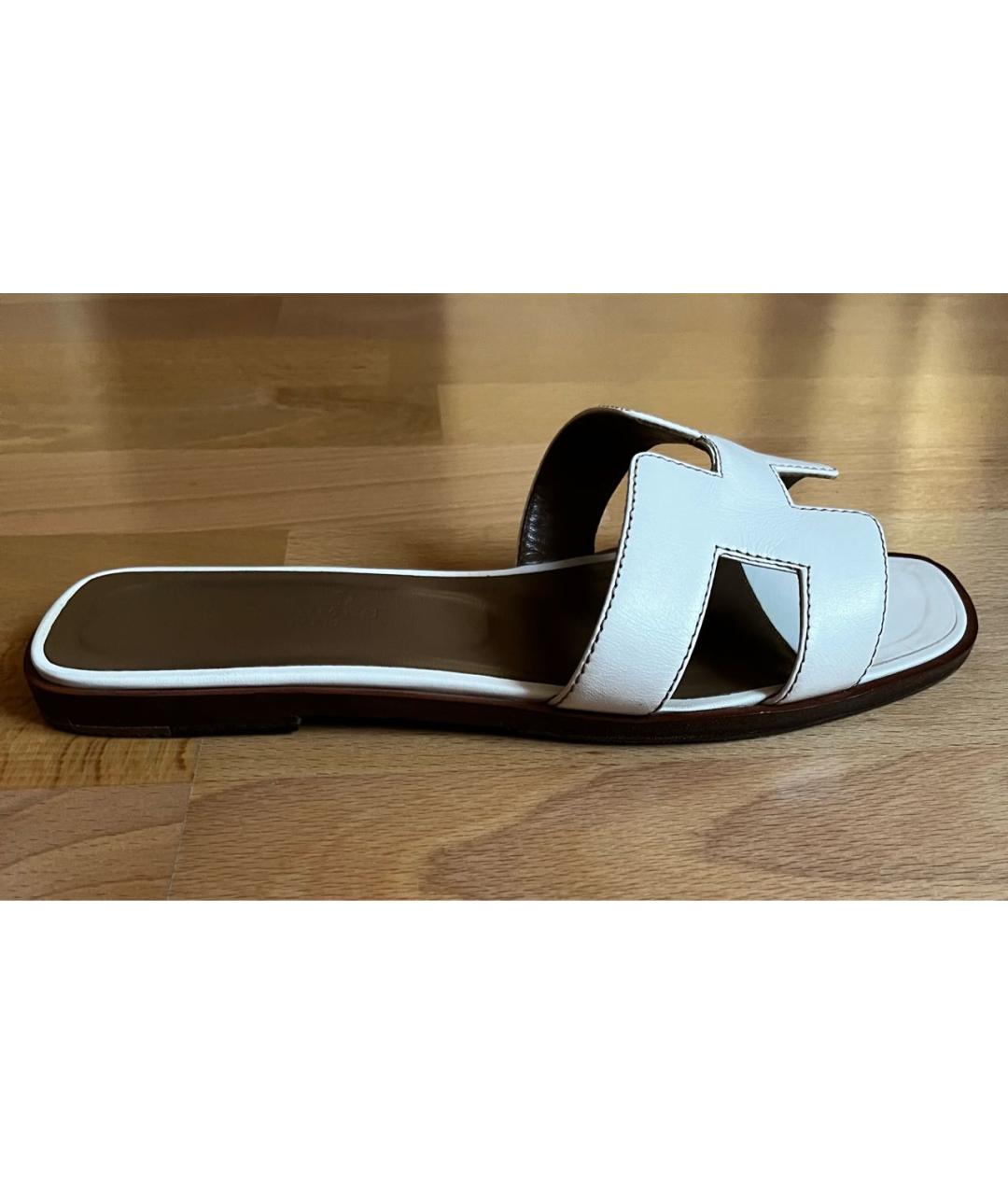 HERMES Белые кожаные шлепанцы, фото 7