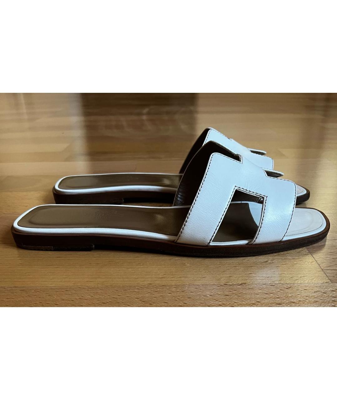 HERMES Белые кожаные шлепанцы, фото 6