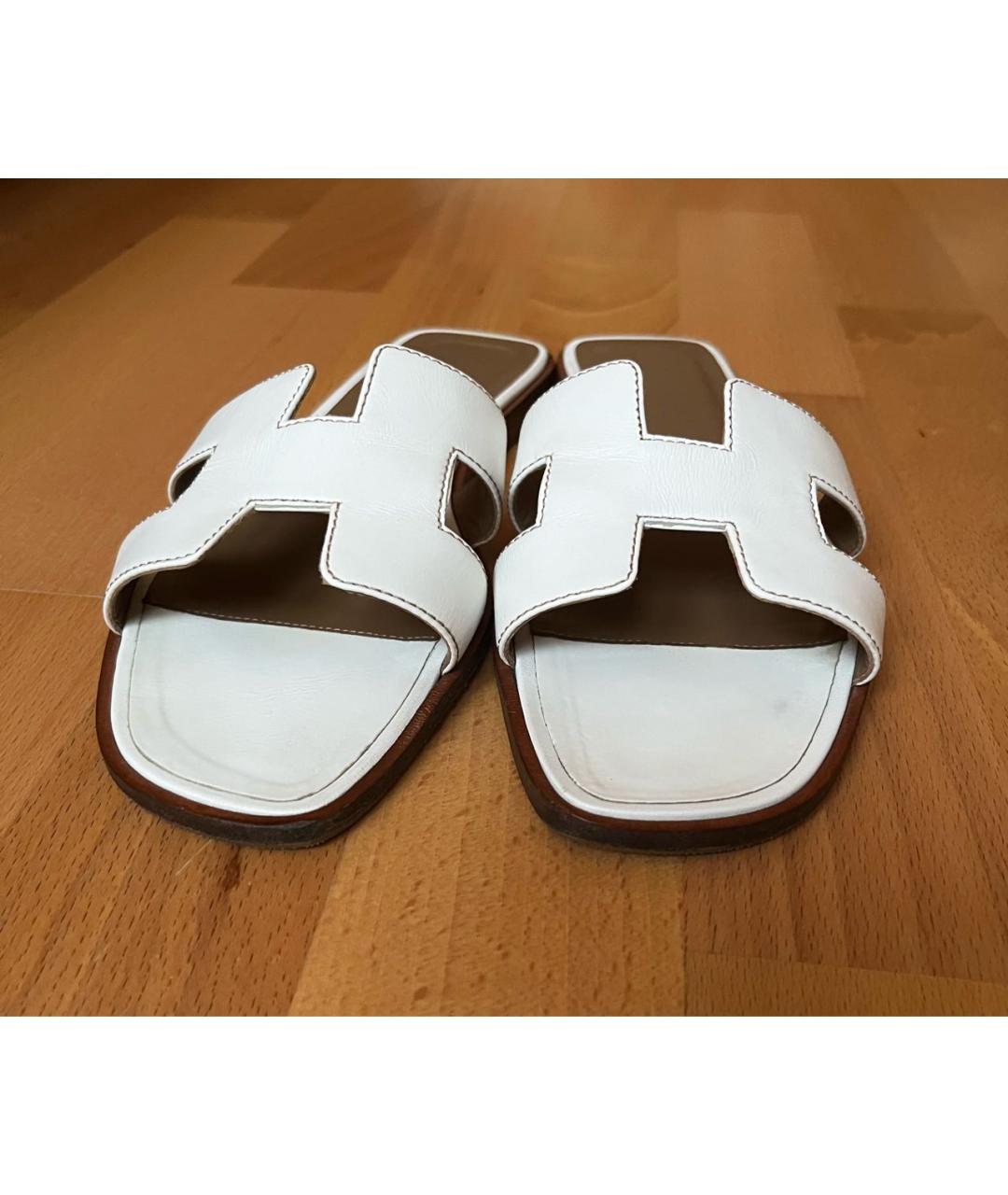 HERMES Белые кожаные шлепанцы, фото 2