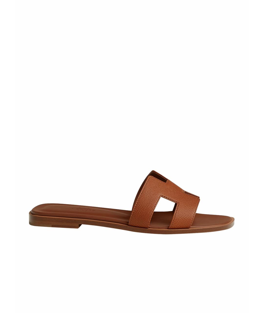 HERMES Коричневые кожаные шлепанцы, фото 5