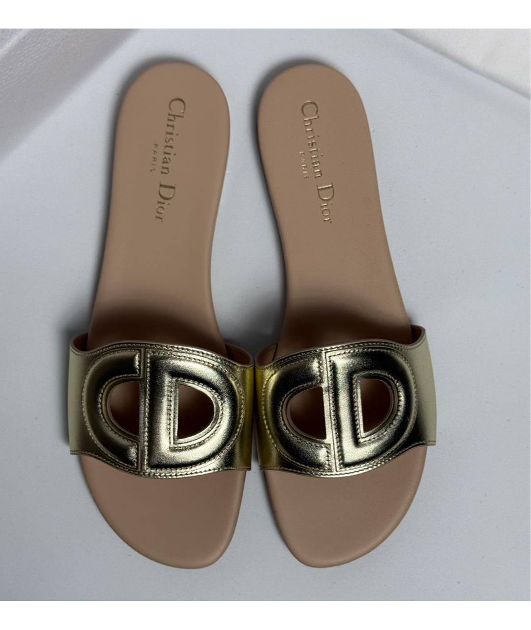 CHRISTIAN DIOR Золотые кожаные шлепанцы, фото 4