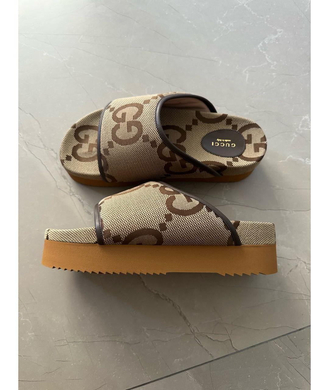 GUCCI Коричневые текстильные шлепанцы, фото 5