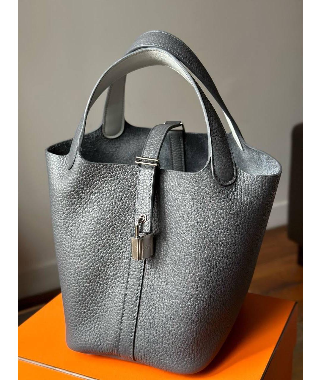 HERMES Антрацитовая кожаная сумка с короткими ручками, фото 4
