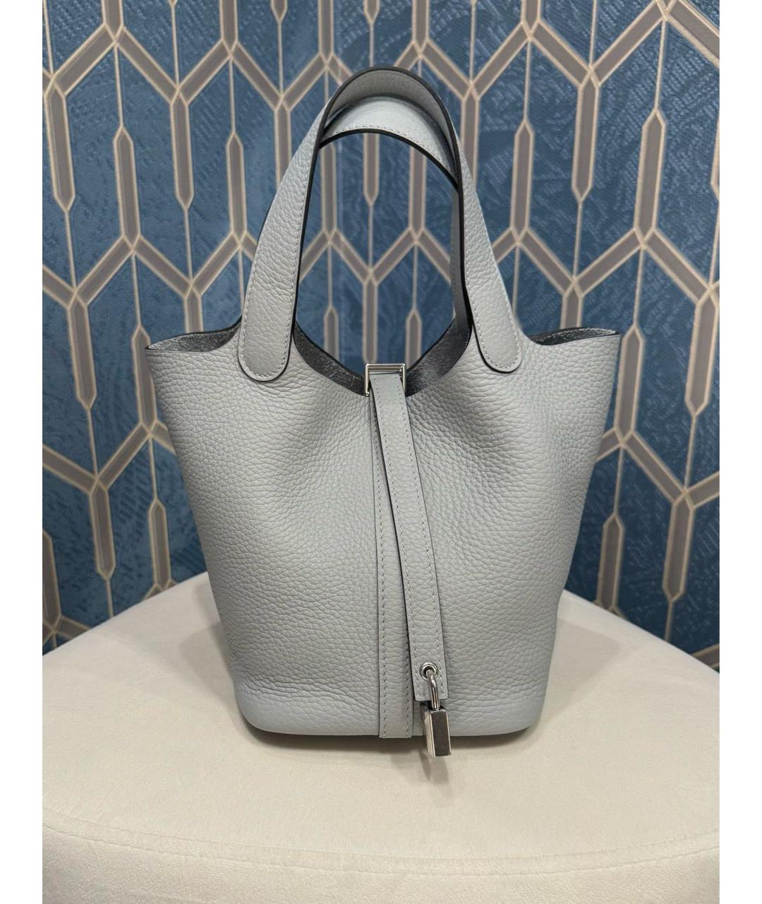 HERMES Голубая кожаная сумка с короткими ручками, фото 8