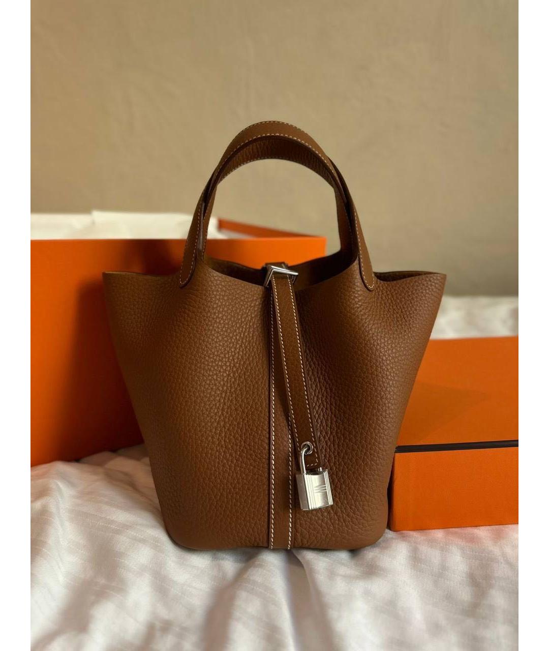 HERMES Коричневая кожаная сумка с короткими ручками, фото 3