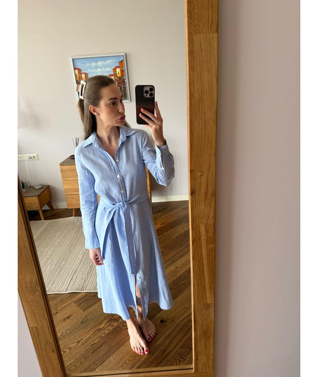 POLO RALPH LAUREN Голубое льняное повседневное платье, фото 4