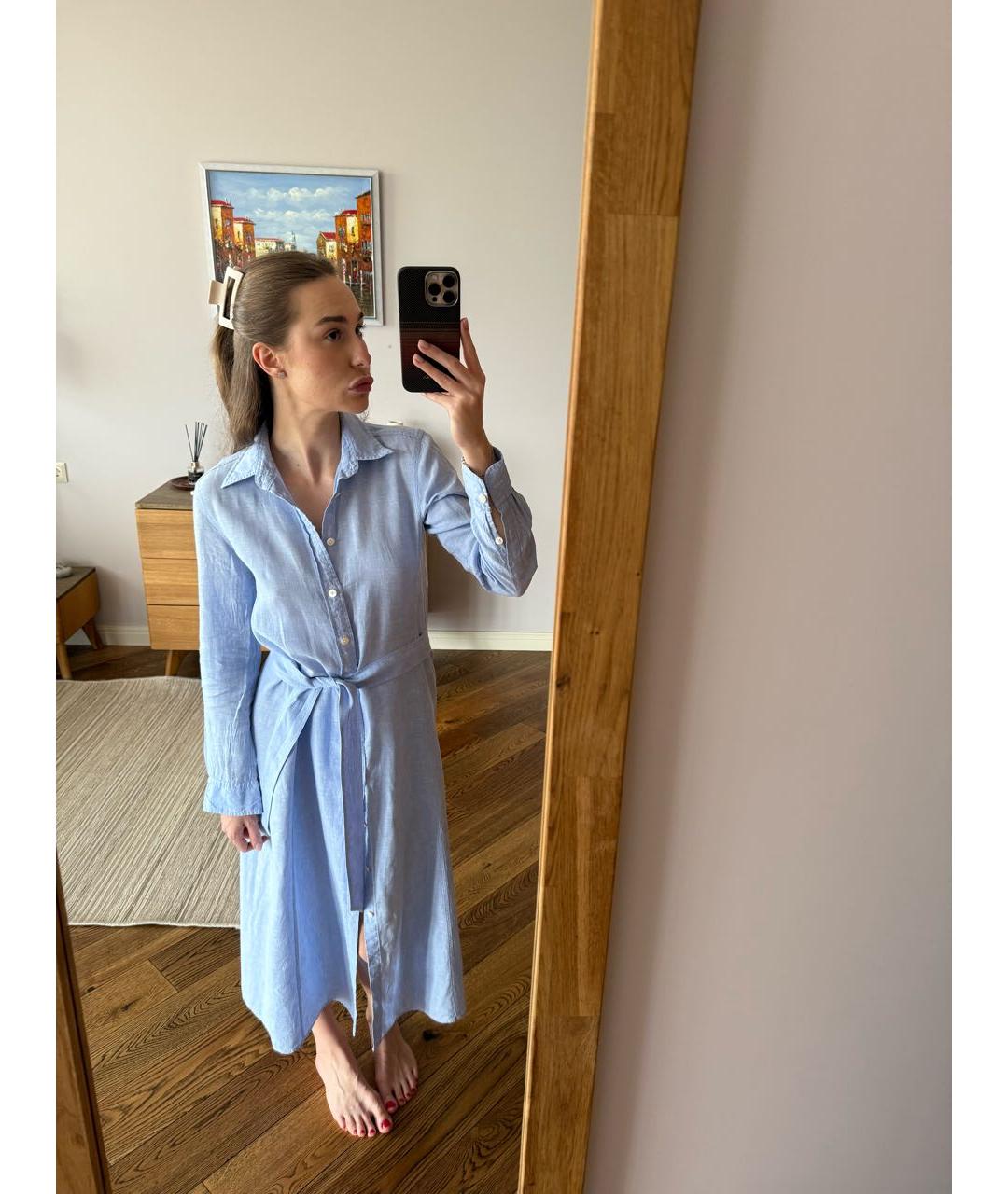 POLO RALPH LAUREN Голубое льняное повседневное платье, фото 6