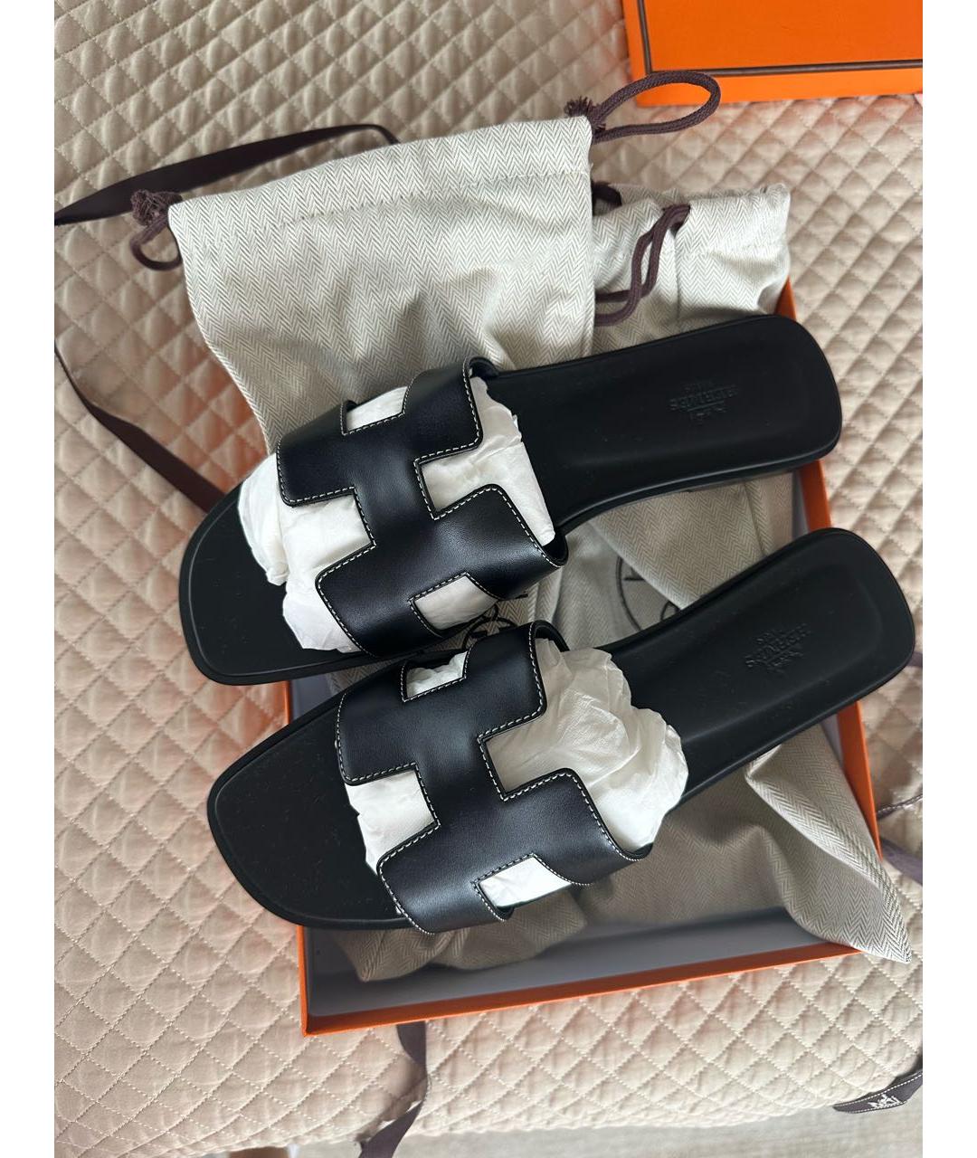 HERMES Черные кожаные шлепанцы, фото 4