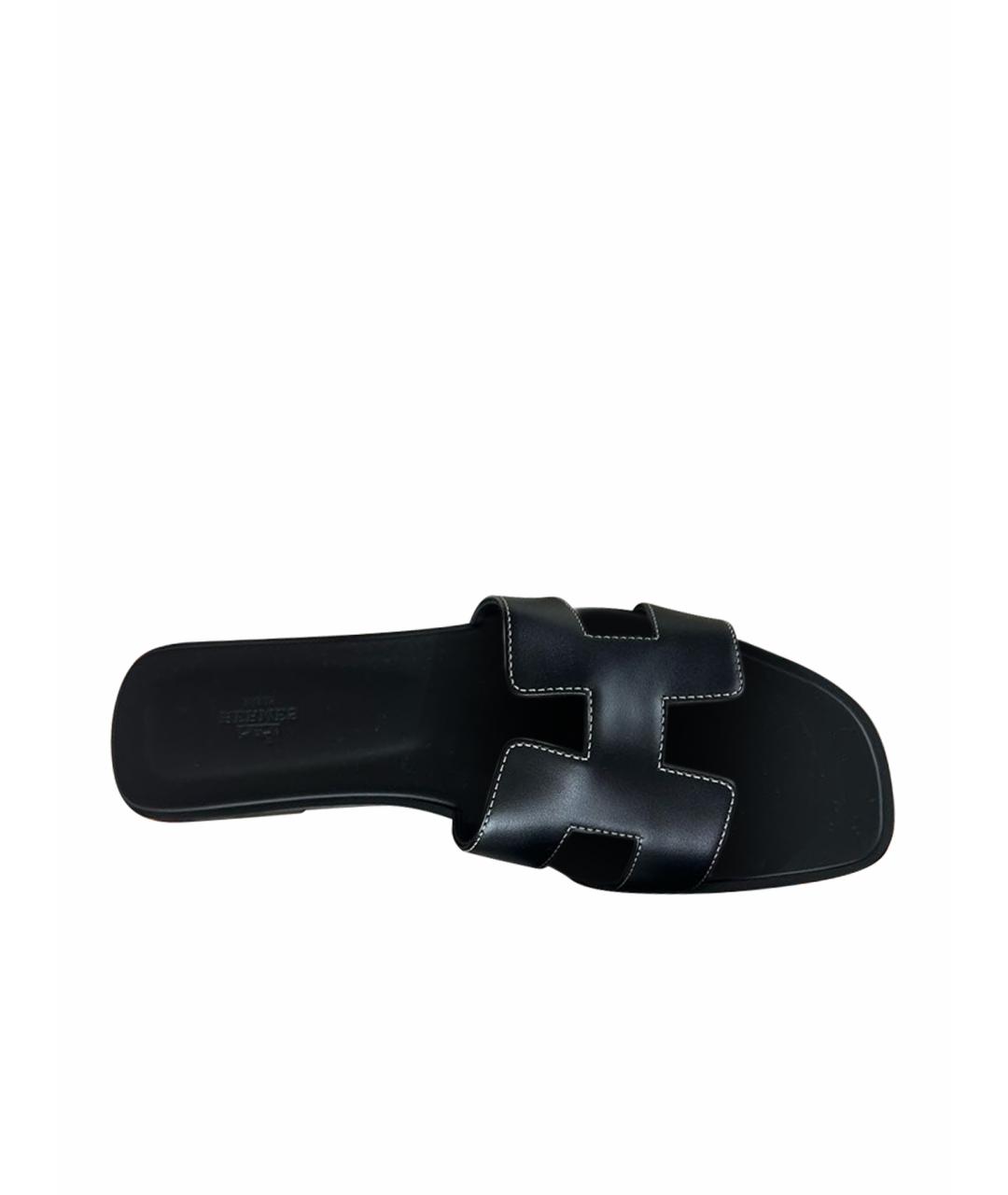 HERMES Черные кожаные шлепанцы, фото 1