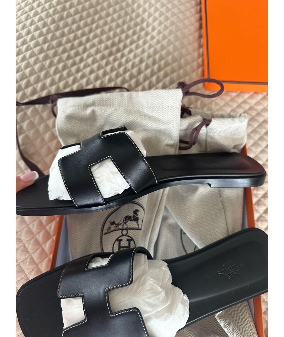 HERMES Черные кожаные шлепанцы, фото 2