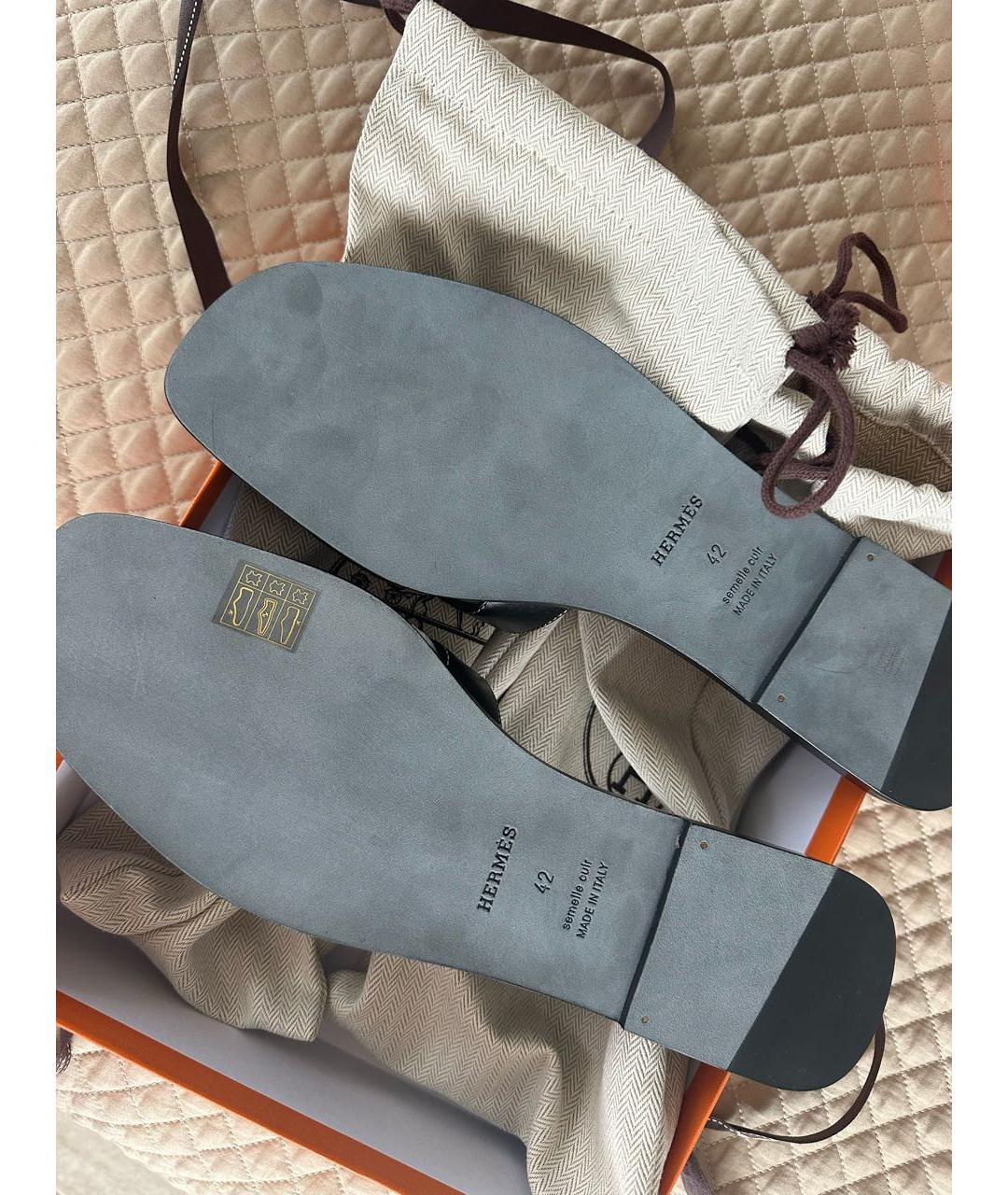 HERMES Черные кожаные шлепанцы, фото 3