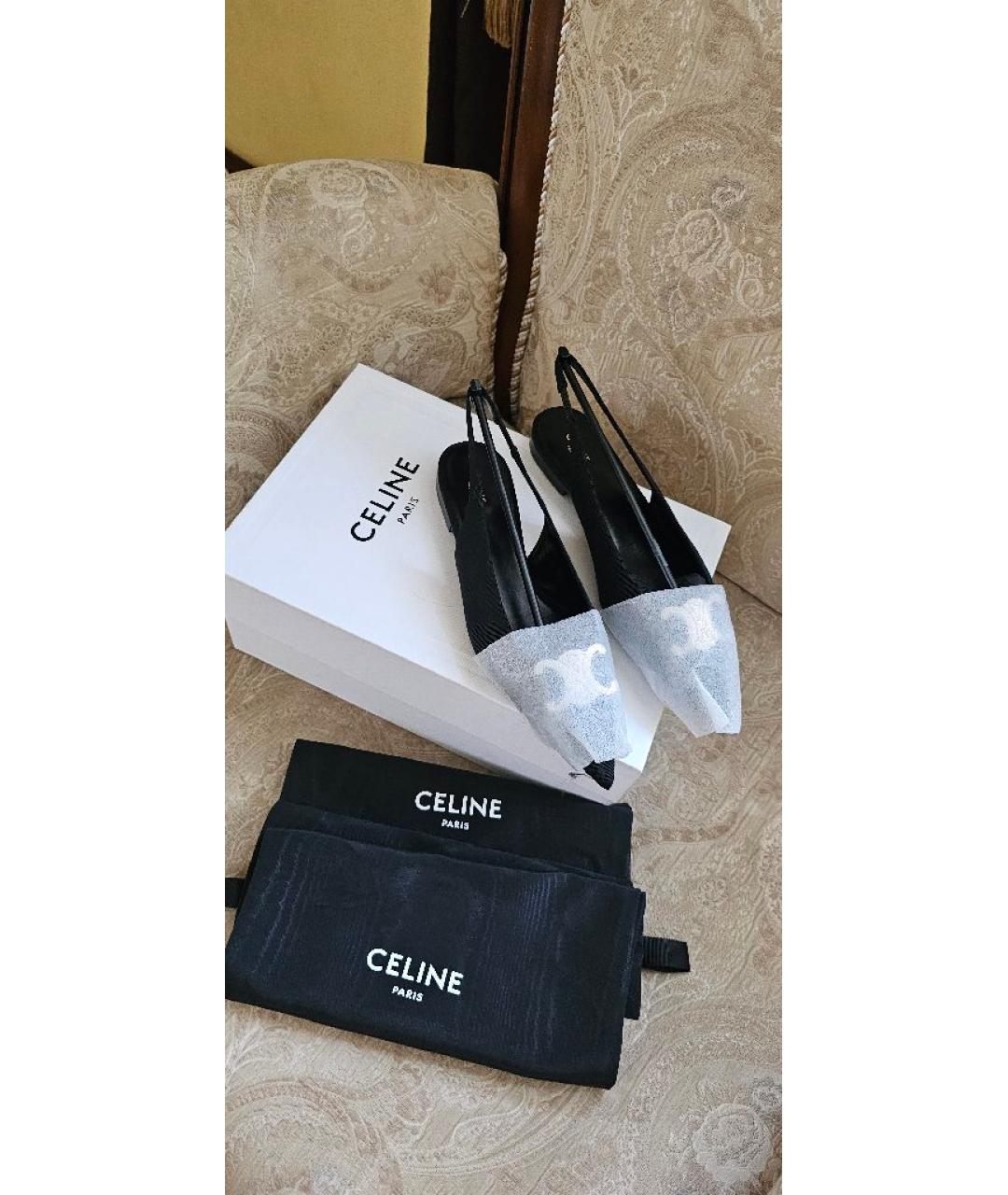 CELINE Черные текстильные лодочки на низком каблуке, фото 6