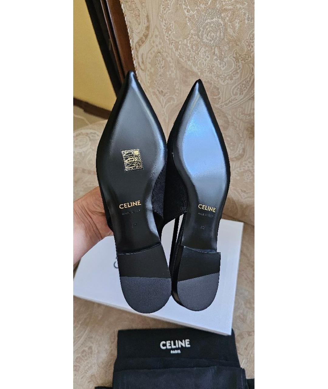 CELINE Черные текстильные лодочки на низком каблуке, фото 4