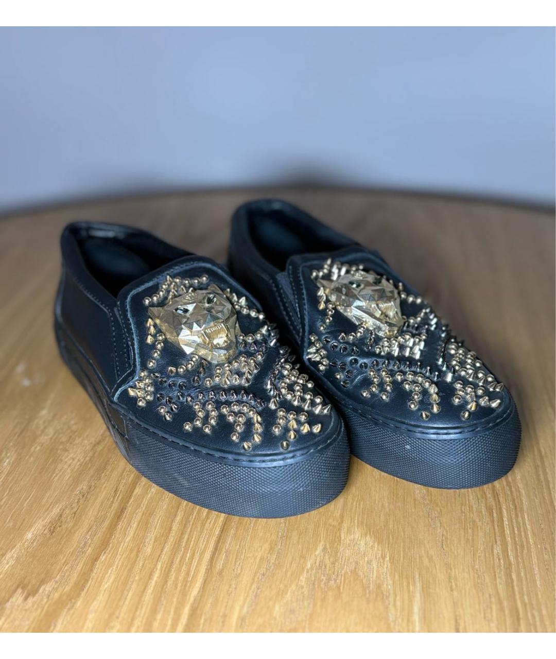 PHILIPP PLEIN Черные кожаные слипоны, фото 2