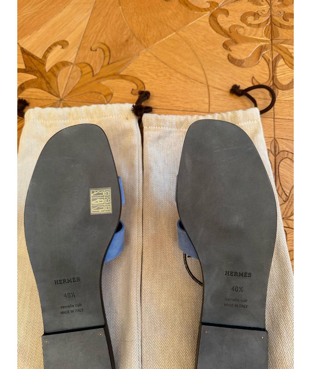 HERMES Синие кожаные шлепанцы, фото 4
