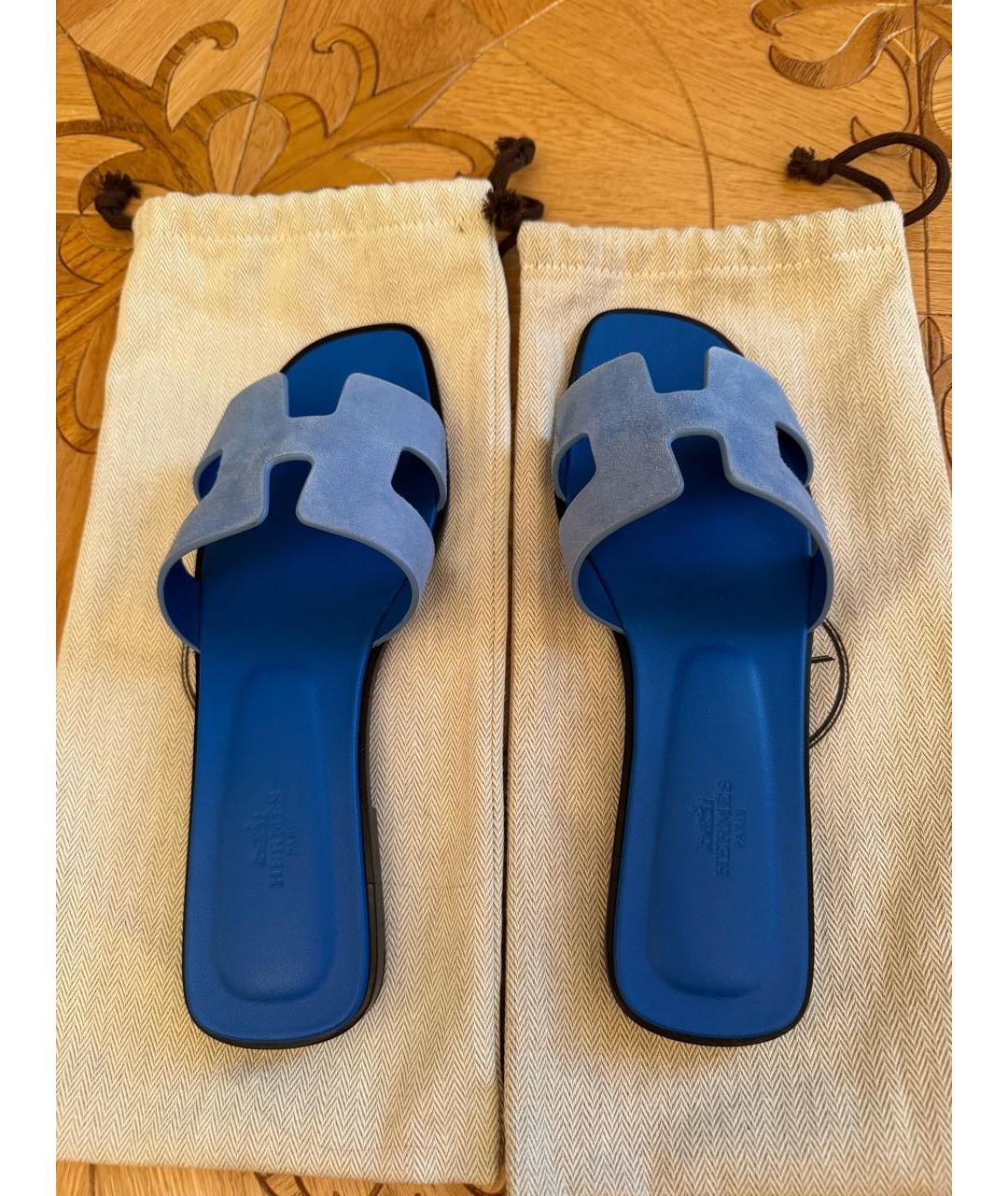 HERMES Синие кожаные шлепанцы, фото 3